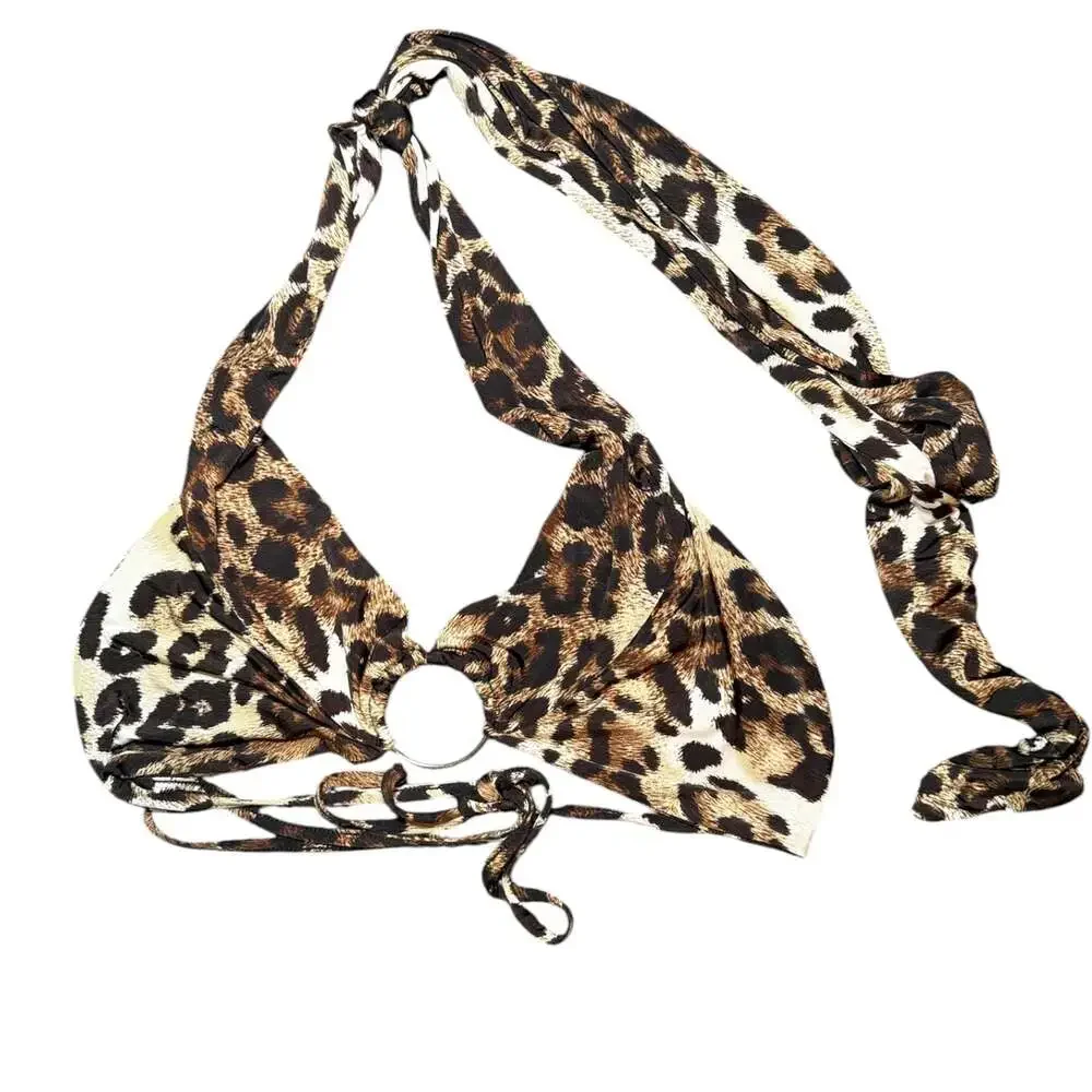 Leopard Print Halter Bikini Top O Ring Double Lined Adjustable‎ Tie Back